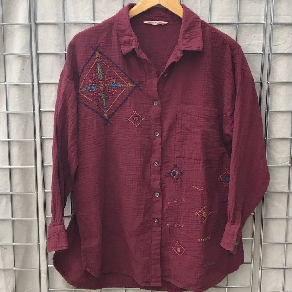 Woven Embroidered Button-Down Shirt - Burgundy - Picture 2 of 3